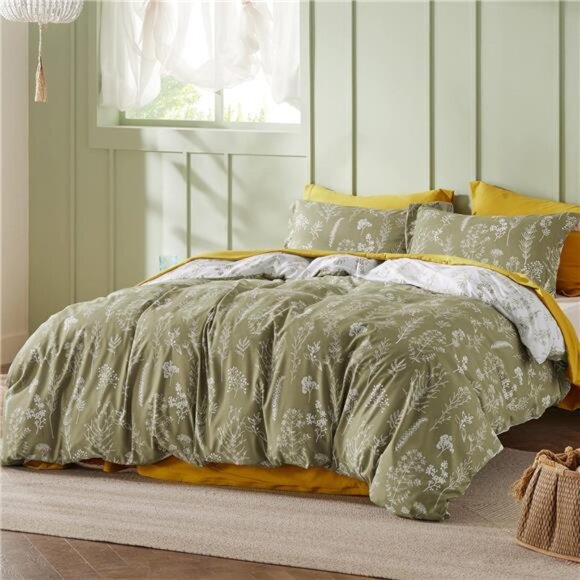 Bedsure King Comforter Set - Olive Green Bed Set, 3 Pieces Cute Floral Bedding, - Picture 9 of 14